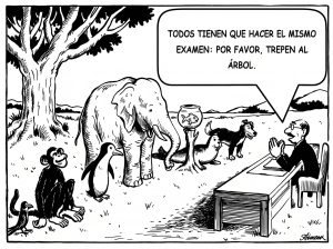 Viñeta: todos los animales deben hacer el mismo examen, trepar al árbol