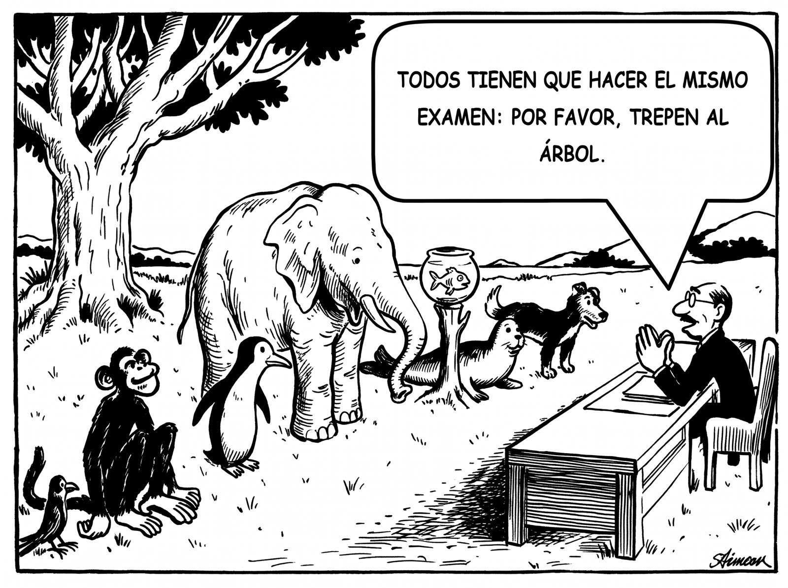 Viñeta: todos los animales deben hacer el mismo examen, trepar al árbol