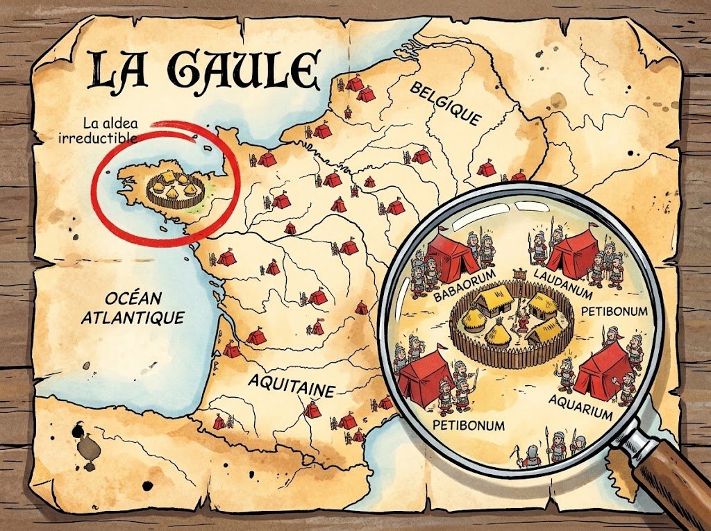 Mapa ilustrado de la Galia con la aldea irreductible