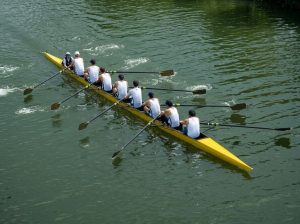 Equipo de remo avanzando sincronizado