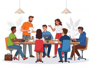 Equipo colaborando alrededor de una mesa
