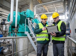 Técnicos revisando datos de calidad en planta